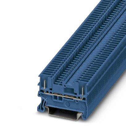 Ein blauer Leiterplattensteckverbinder in rechteckiger Form mit mehreren Steckkontakten.