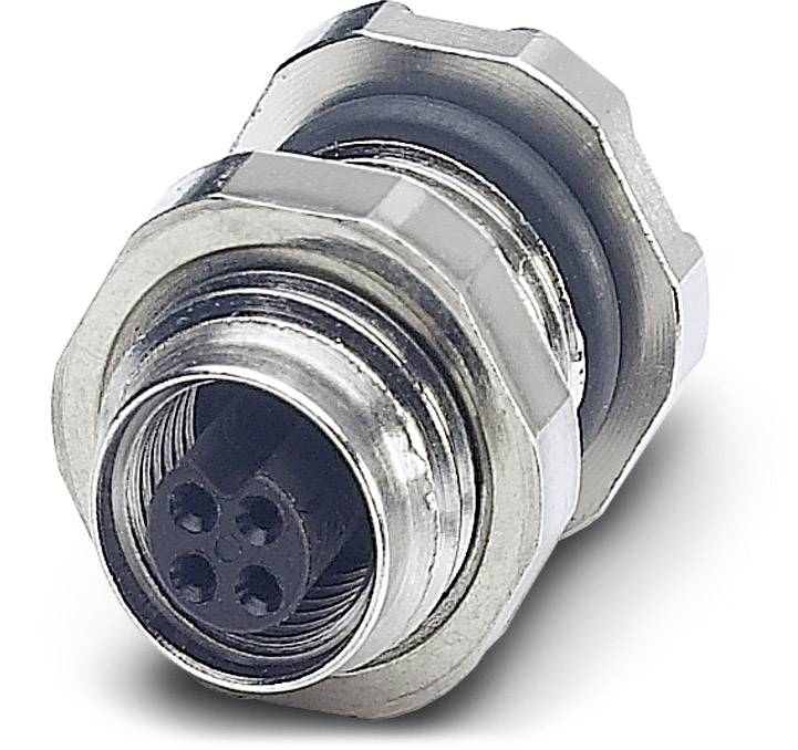 Ein zylindrischer Metallstecker mit schwarzem Innenleben und mehreren Kontaktpunkten, geeignet zum Anschluss elektrischer Ausrüstung.