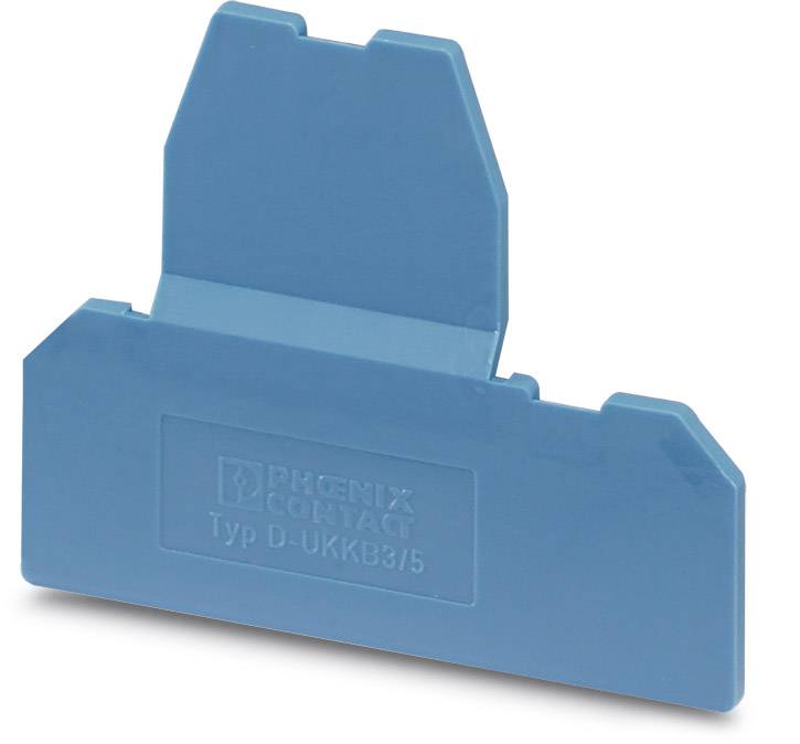 Ein blaues Endkappenteil von Phoenix Contact mit der Aufschrift 'Typ D-UKKB 3/5'. Dient zur Abdeckung und Stabilisierung von Schienenmodulen.