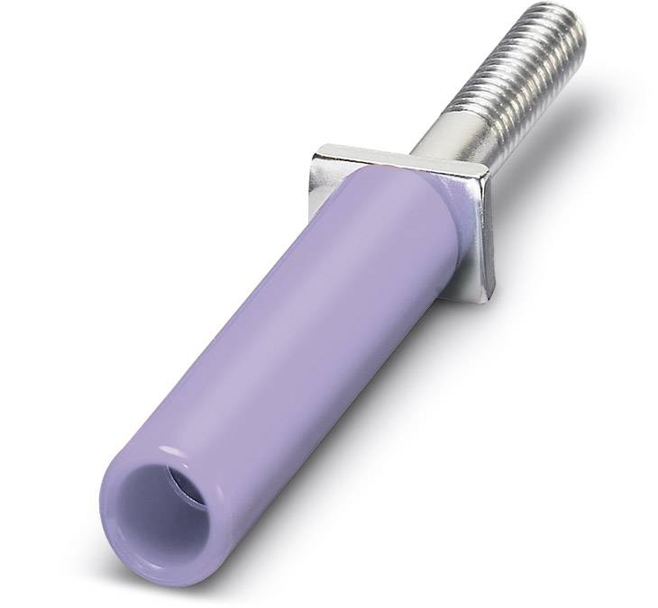 Ein zylindrischer lila Keramikdübel mit einem Metallgewinde und quadratischem Flansch, verwendet im technischen oder industriellen Bereich.