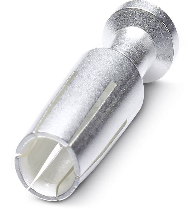 Ein silberfarbener Schraubverbinder aus Metall, zylindrische Form mit einer offenen, hohlen Vorderseite und einem gerillten hinteren Teil.