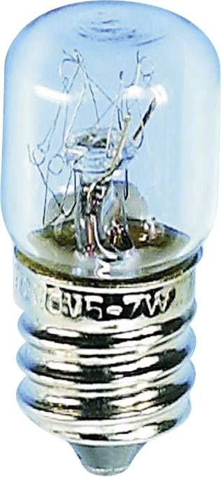 Eine kleine Glühbirne mit Schraubsockel, transparentem Glas und sichtbarem Glühdraht, geeignet für Geräte oder dekorative Beleuchtung.