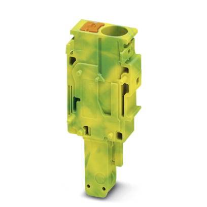 Gelb-grüner elektrischer Anschlussblock mit mehreren Montageoptionen und einem runden Öffnungspunkt oben.