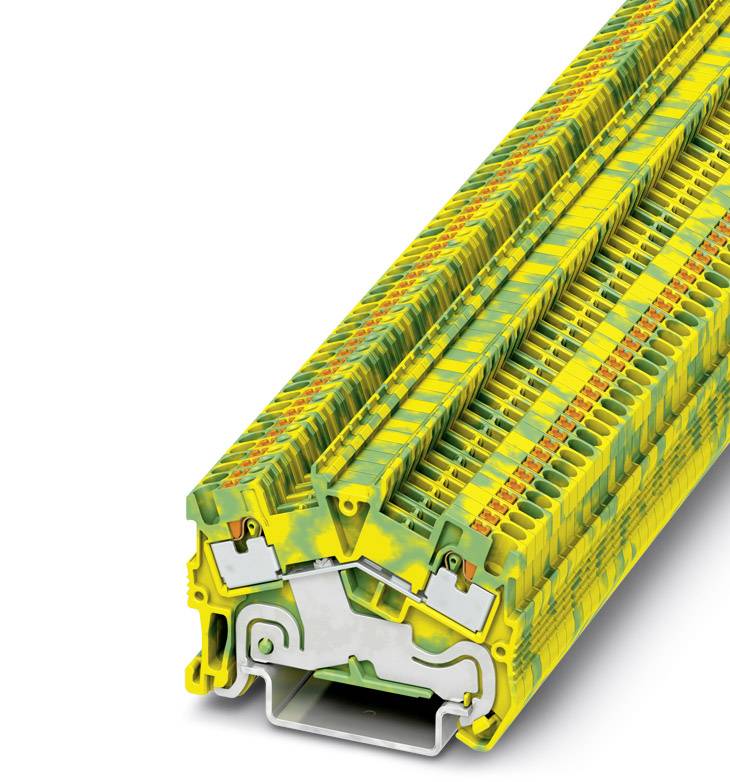 Ein gelb-grüner Reihenklemmenblock mit detaillierter Bauweise, symbolisiert elektrische Verbindungen oder Installationsmethoden.