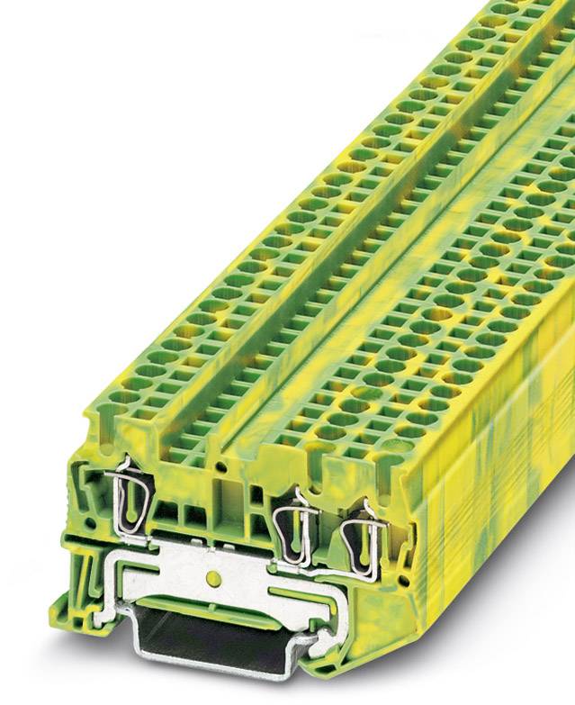 Abgebildet ist eine grün-gelbe Reihenklemme für elektrische Verbindungen mit doppelter Wandstärke und metallischen Steckverbindungen.