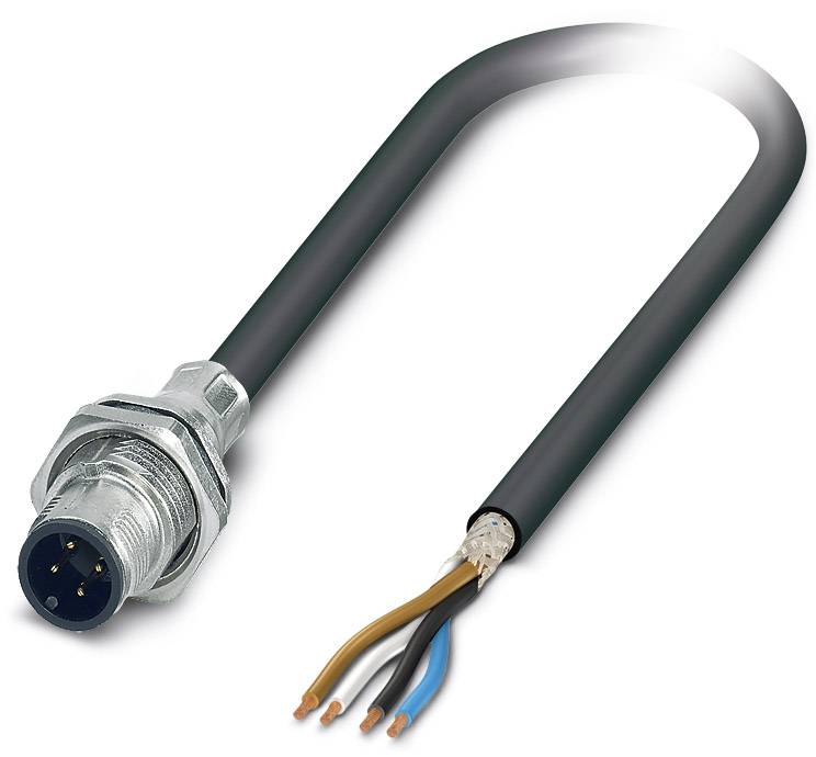 Ein elektrisches Kabel mit offenliegenden, farbigen Adern auf der rechten Seite und einem runden, metallischen Stecker auf der linken Seite.