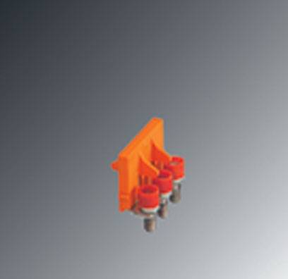 Ein orangefarbenes, dreipoliges elektrisches Bauteil auf grauem Hintergrund. Geeignet für Verbindungen in elektronischen Schaltungen.