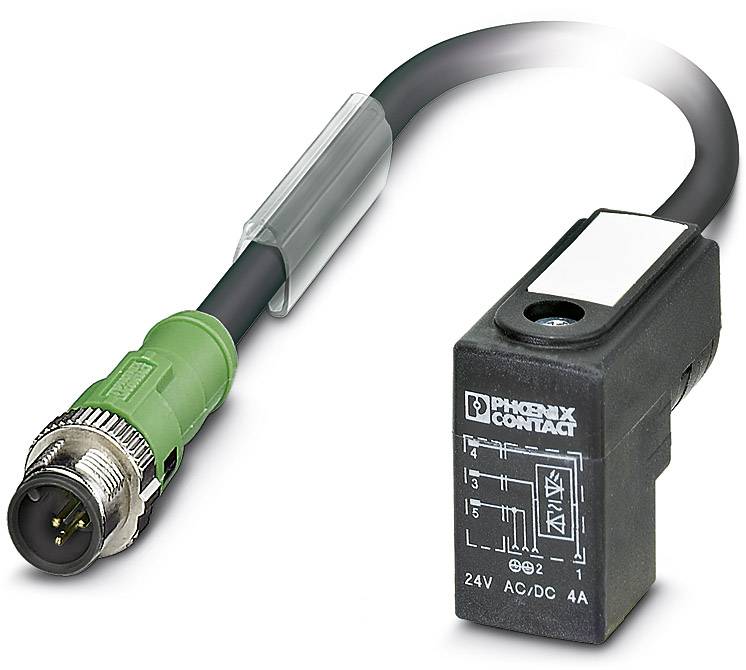 Ein schwarzer und grüner Steckverbinder mit einem Phoenix Contact Etikett, geeignet für 24V AC/DC und 4A, zeigt elektrische Spezifikationen.