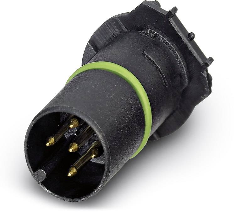 Schwarzer elektrischer Steckverbinder mit grünem Ring, fünf Metallstiften, verwendet für elektronische Verbindungen.