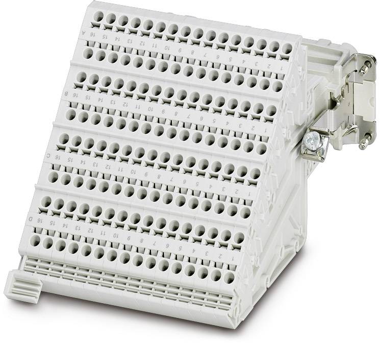 Ein weißer Reihenklemmblock mit mehreren Anschlüssen und nummerierten Reihen, verwendet für elektrische Verkabelungen.