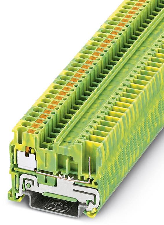 Reihenklemme in Grün-Gelb mit mehreren Anschlusspunkten, verwendet in elektrischen Schaltschränken zur Kabelverbindung und Erdung.