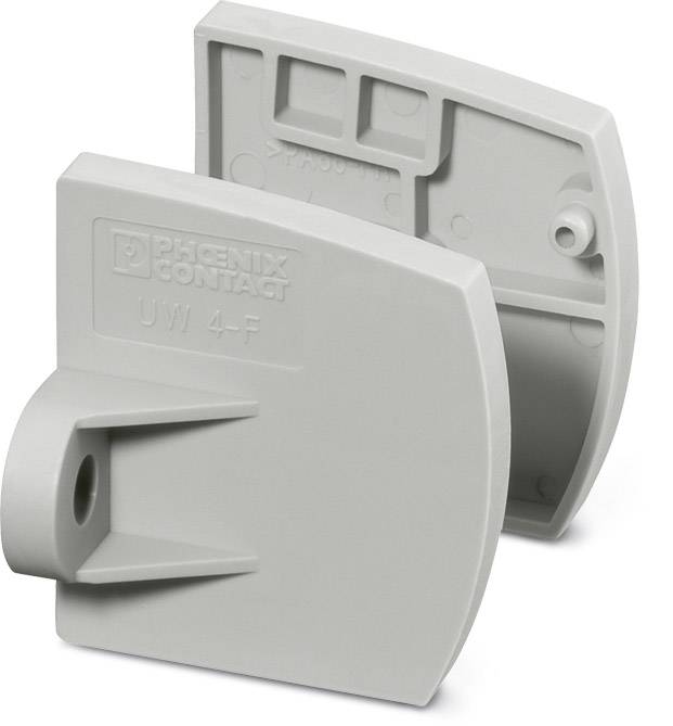 Zwei graue Endkappen der Serie UW 4-F von PHOENIX CONTACT, die für elektrotechnische Anwendungen genutzt werden. Links das Logo.