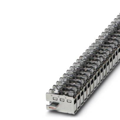 Eine Reihe silberner Metallklemmen in einem elektrischen Anschlussmodul.