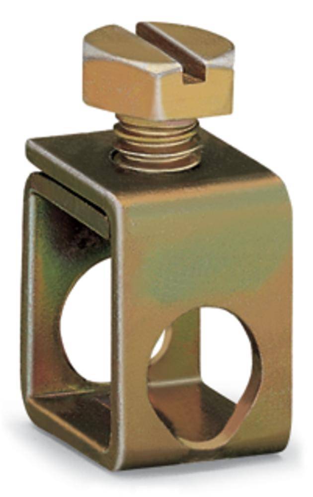 Ein Metallkabelklemme mit Schlitzschraube. Sie hat einen quadratischen Körper mit einem durchgehenden Loch an der Seite.
