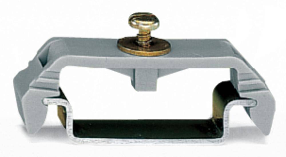 Metallhalterung mit Schraube oben, zur Stabilisierung von Objekten. Silberne und graue Elemente, industrielle Nutzung möglich.