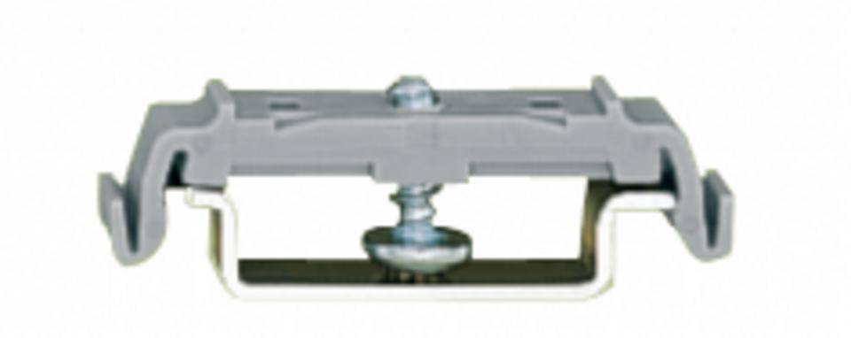 Ein graues, rechteckiges Kunststoffteil mit einer zentralen Schraube und Metallhalterung. Geeignet zur Befestigung von Komponenten.