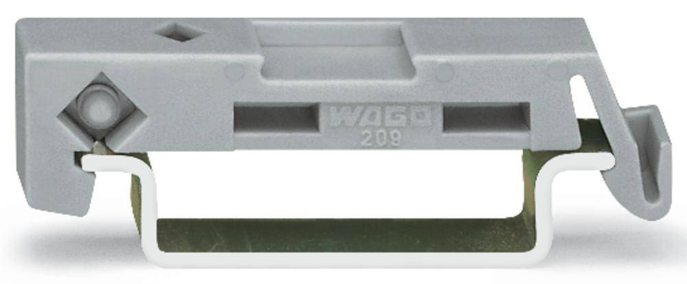 Graue WAGO 209 Halterung, seitliche Ansicht. Sie zeigt eine Einklemmvorrichtung mit Haken und einer Öffnung für Kabel.