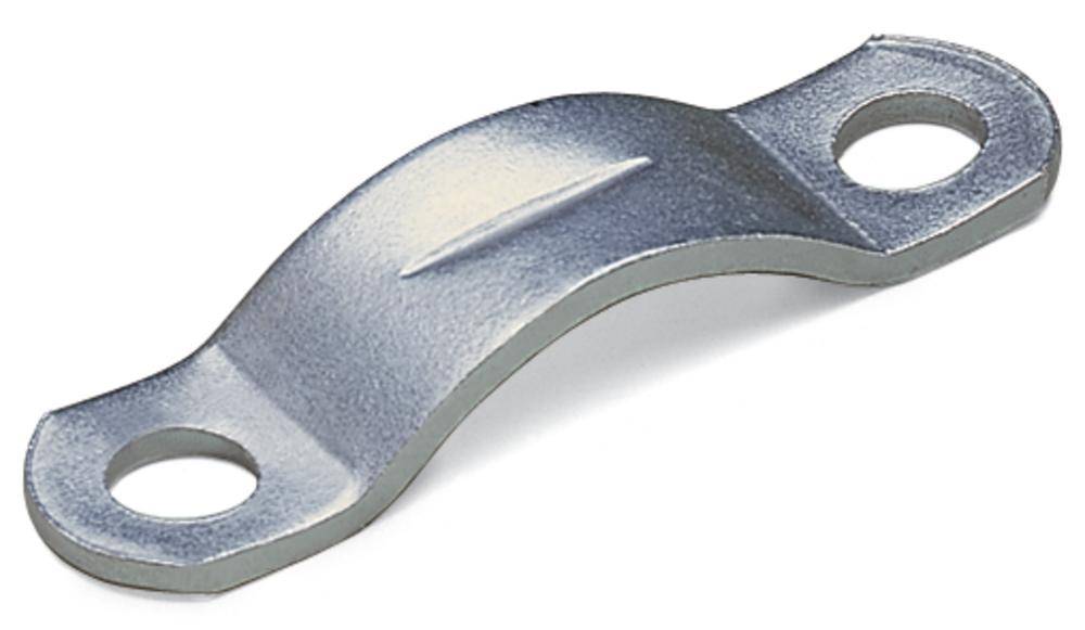 Ein silbernes, gebogenes Metallteil mit zwei Löchern an den Enden, oft für Befestigungszwecke verwendet.