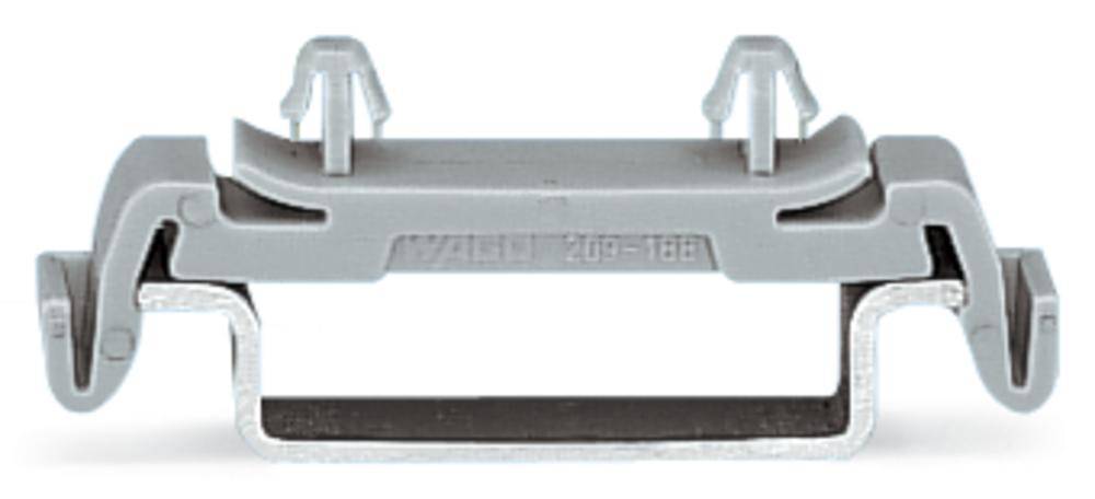 Ein graues Verbindungselement mit Metallklammern, verwendet zur Befestigung von Bauteilen in elektrischen Installationen.