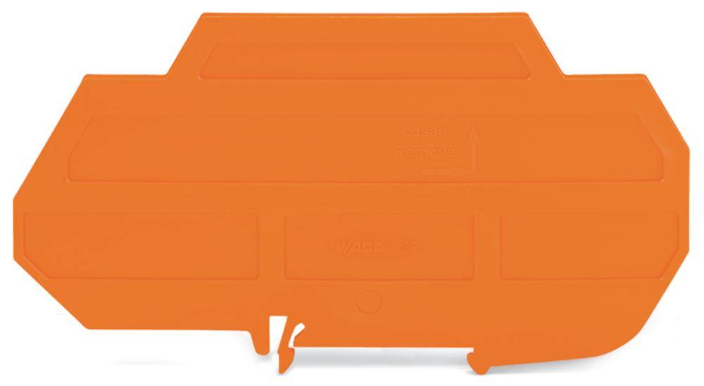 Orangefarbene Kunststoffabdeckung mit geometrischen Formen und Aussparungen, möglicherweise für technischen oder industriellen Gebrauch.