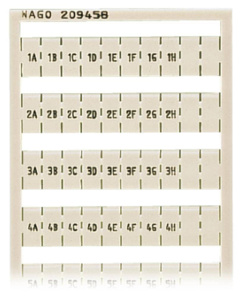 Lochkartenstapel mit numerischen und alphabetischen Codes in Reihen und Spalten, nummeriert von 1A bis 6H. Oberhalb steht 'NAGO 209458'.