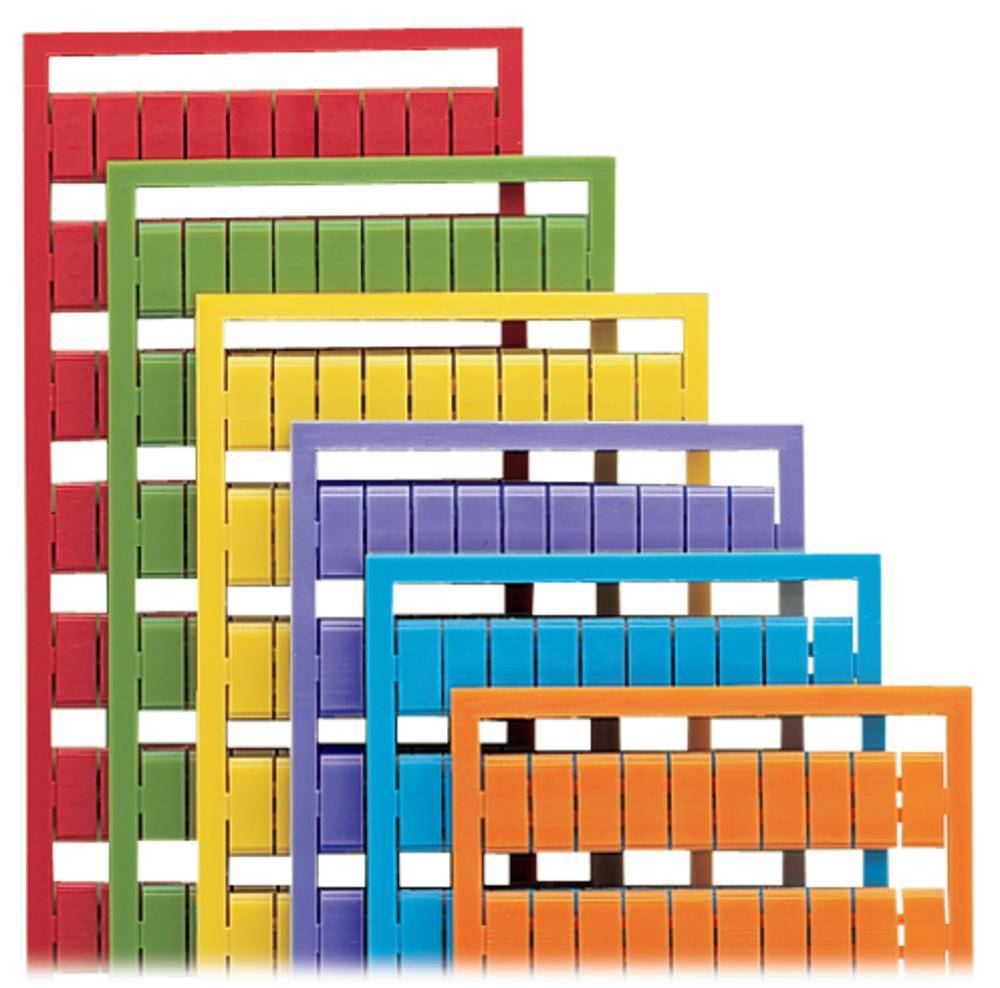 Rechteckige Stapel bunter Kunststoffrahmen mit unterschiedlich großen Fächern, die in einer Reihe von rot über grün, gelb, bis orange angeordnet sind.
