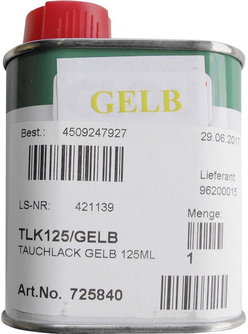 Dose mit rotem Deckel und Etikett 'GELB', enthält Tauchlack, 125 ml. Artikeldetails: Beste/Nr. 4509247927, Datum: 29.06.2017.