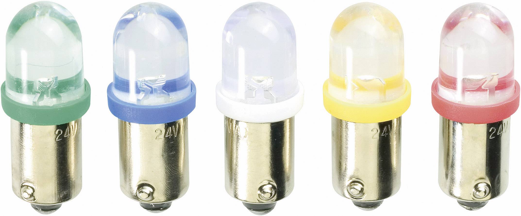 Fünf farbige LED-Lampen mit Metallbasis nebeneinander. Farben: Grün, Blau, Weiß, Gelb und Rot. Alle Lampen sind identisch in Form und Größe.