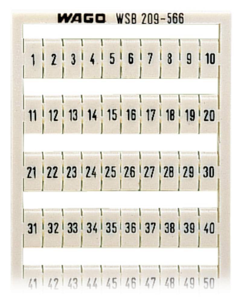 Nummernkarte mit den Zahlen 1 bis 50 in fünf Reihen, jeweils zehn Zahlen pro Reihe. Oben steht 'WAGO WSB 209-566'.