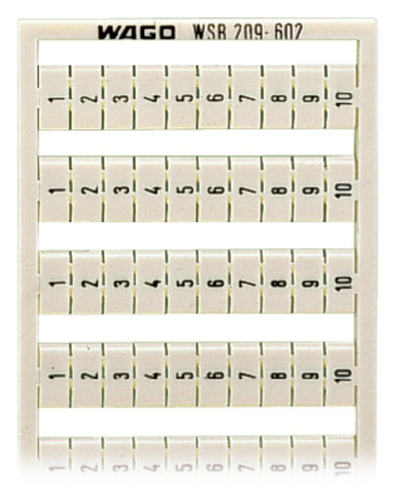Ein Kunststoffstreifen mit nummerierten Klemmen von 1 bis 10, fünfmal wiederholt, mit der Aufschrift 'WAGO WSB 209-602' oben.