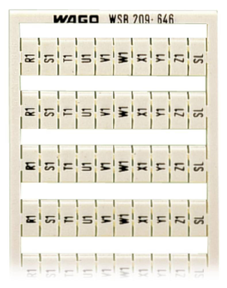Ein weißer Etikettenbogen von WAGO mit alphanumerischen Markierungen (R1, R2, Y1, Y2, usw.), verwendet zur Kennzeichnung von Kabeln.