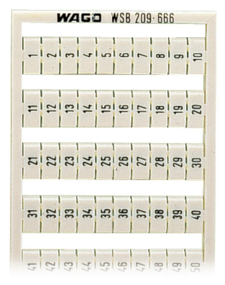 Etikett mit Zahlen von 1 bis 60 in sechs Reihen, jede Reihe enthält zehn nummerierte Felder. Markierung 'WAGO WSB 209-666' oben.