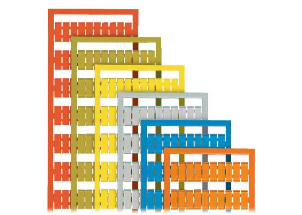 Sechs verbundene Farbstreifen in abnehmender Größe, von rot bis blau, bilden ein gestaffeltes Muster.