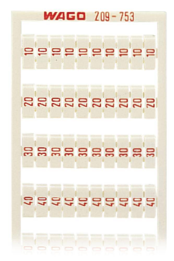 Weiße Kunststoffklemmen in einem Raster angeordnet, mit roten Zahlen von 10 bis 40 bedruckt. Oben steht 'WAGO 209-753'.