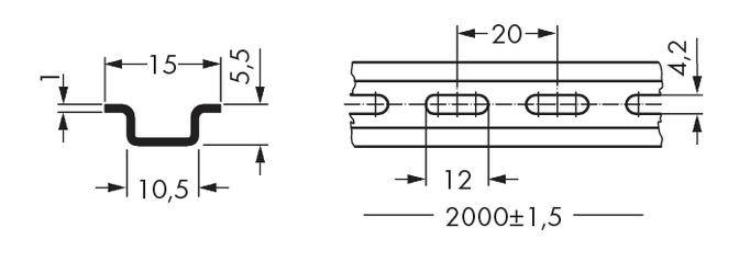 Technische Zeichnung eines Metallprofils mit Maßen: links Querschnitt 15x10,5x5,5 mm; rechts Längsansicht 2000±1,5 mm mit zwei Befestigungslöchern.