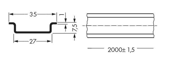Technische Zeichnung einer Metallprofilansicht mit Maßen: Breite 35 mm, Tiefe 27 mm, Höhe 7,5 mm, Länge 2000 ±1,5 mm.