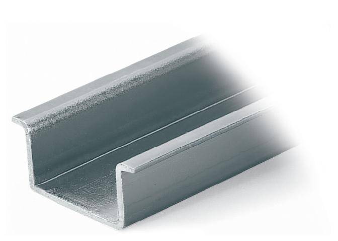 Ein silbernes U-förmiges Metallprofil, das aus der Perspektive diagonal von oben zu sehen ist.