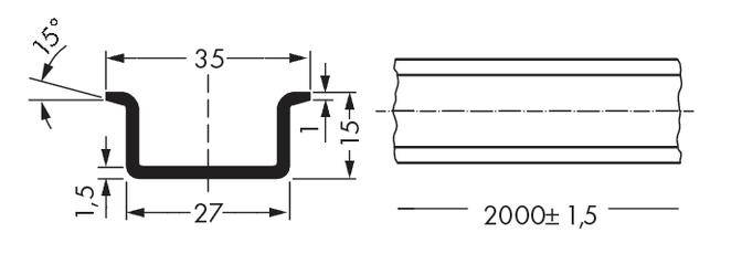 Technische Zeichnung eines U-Profils mit den Maßen: Höhe 15 mm, Breite 27 mm, Materialstärke 1,5 mm, Länge 2000 mm, Biegewinkel 15°.