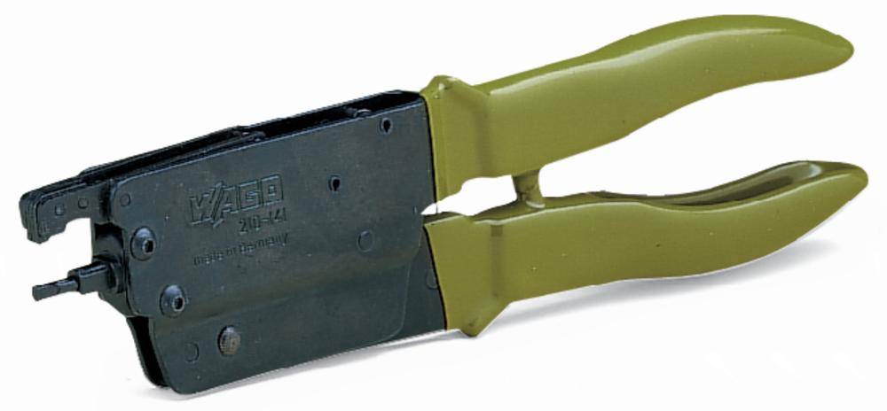 Werkzeug mit grünen Griffen und schwarzem Mechanismus, verwendet zur Verbindung elektrischer Drähte in Steckklemmen.