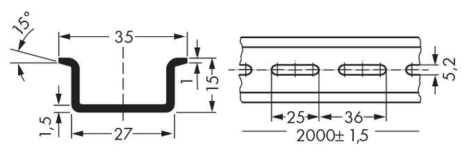 Technische Zeichnung eines U-förmigen Metallprofils mit Bemaßungen: Breite 27 mm, Höhe 15 mm, Schlitze mit Abständen von 25 mm und 36 mm.