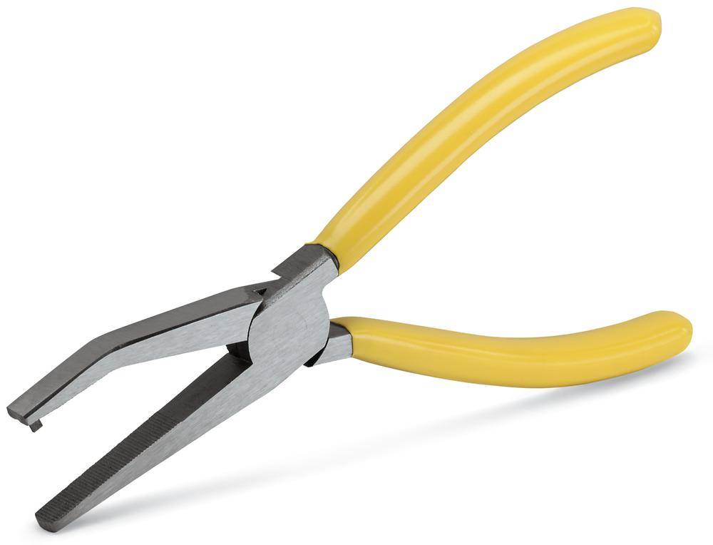 Gelbe Zange mit gebogenen Griffen, geeignet zum Greifen und Halten kleiner Objekte. Hauptsächlich in Handwerksarbeiten verwendet.