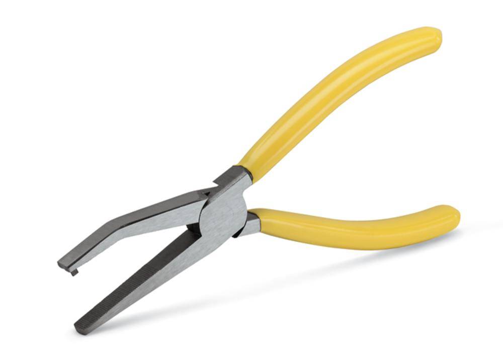 Eine Zange mit gelben Griffen, die für präzise Greifarbeiten verwendet wird. Ideal für Handwerksprojekte oder Reparaturen.