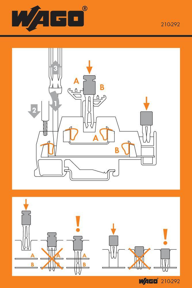 Diagramm zeigt den Prozess zur korrekten Installation von Klemmen mit passenden Werkzeugen sowie häufige Fehler und deren Vermeidung.