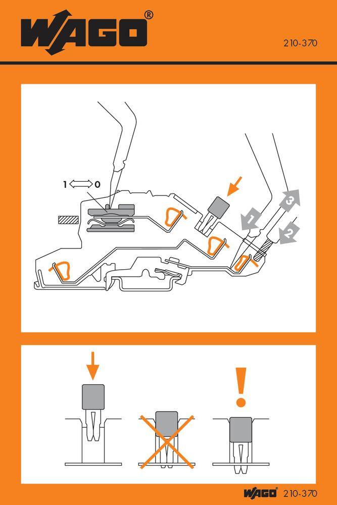 Diagramm zur richtigen Installation: Schritt 1 zeigt den Anschluss eines Kabels. Schritt 2 zeigt, was vermieden werden soll: falsch angeschlossene Kabel.