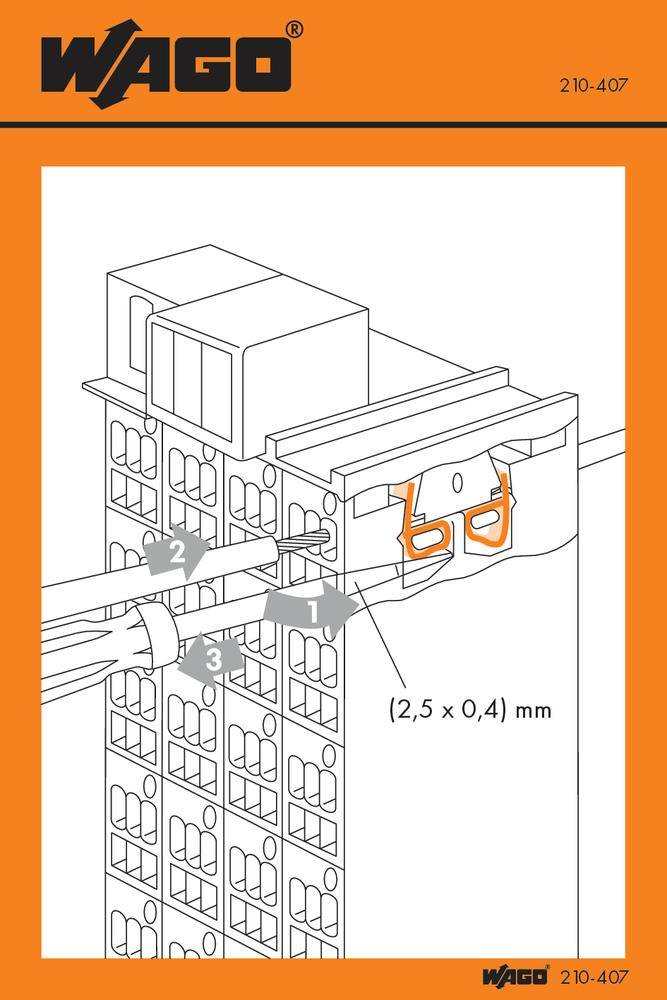 Ein Steckverbinder, der einen Draht hält, wird in drei Schritten gezeigt. Der Draht hat eine Größe von 2,5 x 0,4 mm.