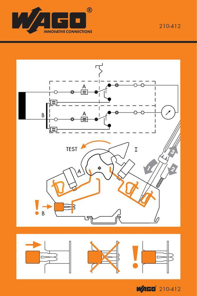 Anleitung zur korrekten Verkabelung und Testanweisung eines elektrotechnischen Anschlusses mit schematischen Illustrationen.