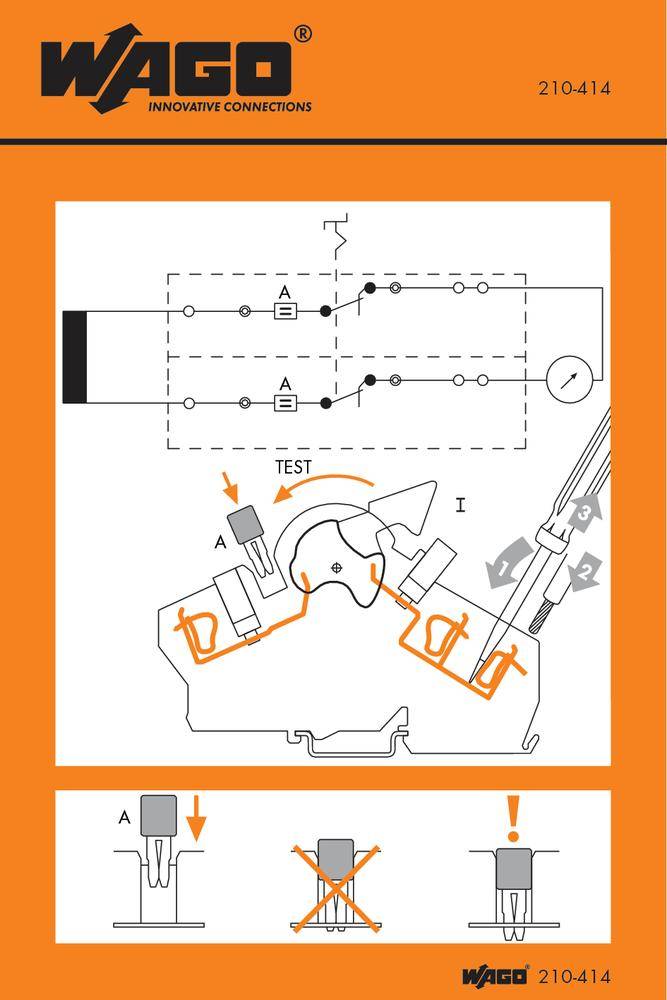 Schaltplan zur Verdrahtung mit zwei Schaltern und einer Leitungsklemme. Oben: Schaltkreise. Mitte: Klemme mit 'Test'-Beschriftung. Unten: Diagramm zur korrekten und falschen Kabelinstallation.