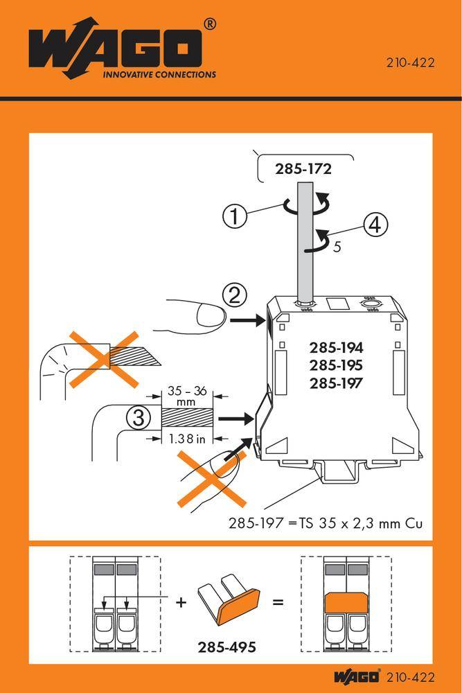 'WAGO' Bedienungsanleitung für elektrische Verbindungsklemmen. Zeigt technische Diagramme zur korrekten Installation und Abmessungen.