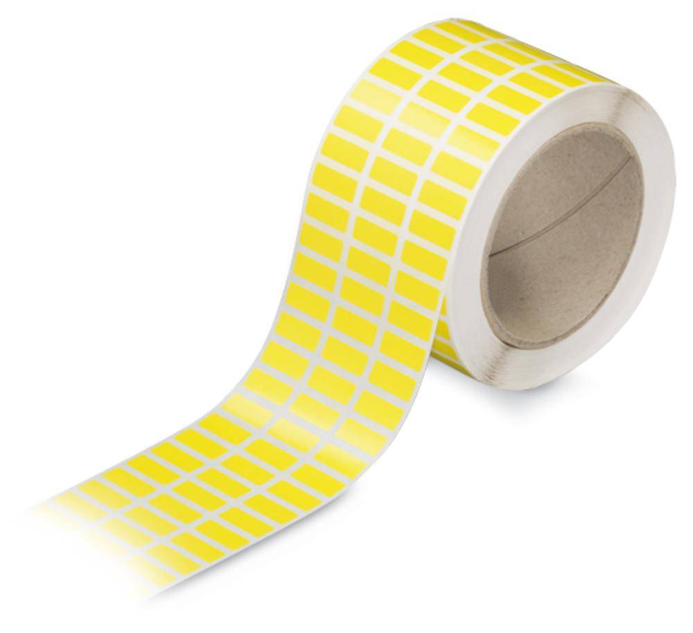 Rolle mit kleinen, rechteckigen, gelben Aufklebern, die auf einer weißen Trägerfolie angebracht sind.
