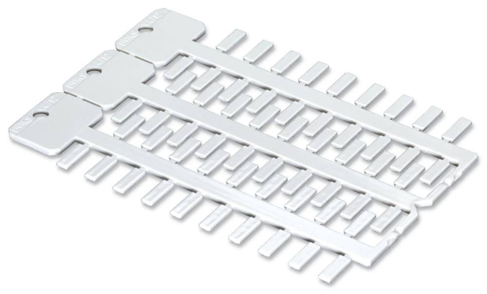 Drei weiße Kabelmarkierer, nebeneinander angeordnet, mit jeweils sechzehn markierten Schlitzen für Kabelkennzeichnung.